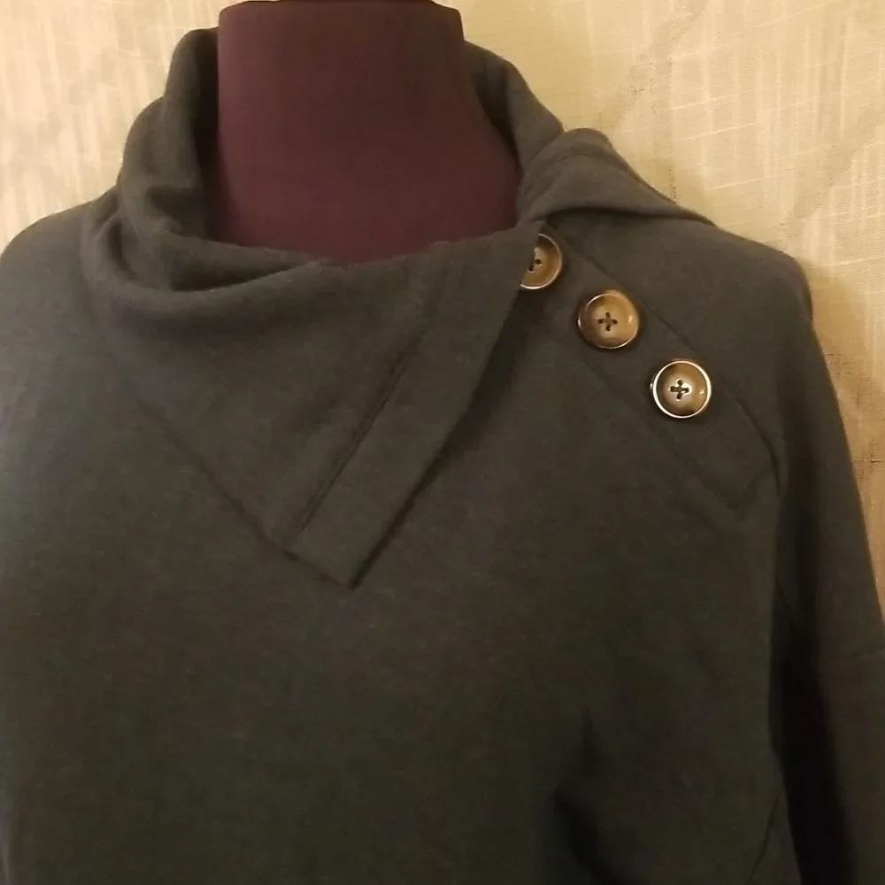 Tahari Top Womens Size Large Green Pullover Asymmetrical Collar Lagenlook Fall